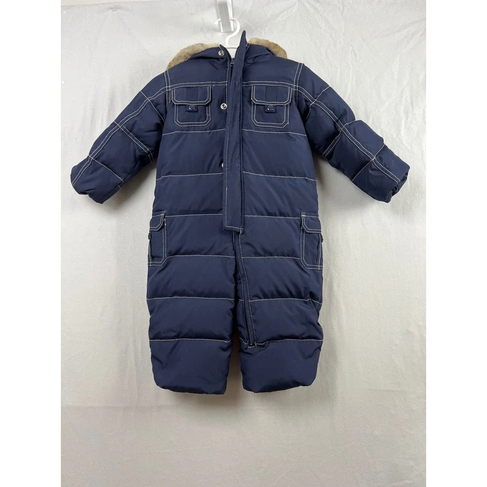 babyGap Snowsuit Kids 12-18 Months Navy Blue Down Puffer Hooded Faux Fur Trim